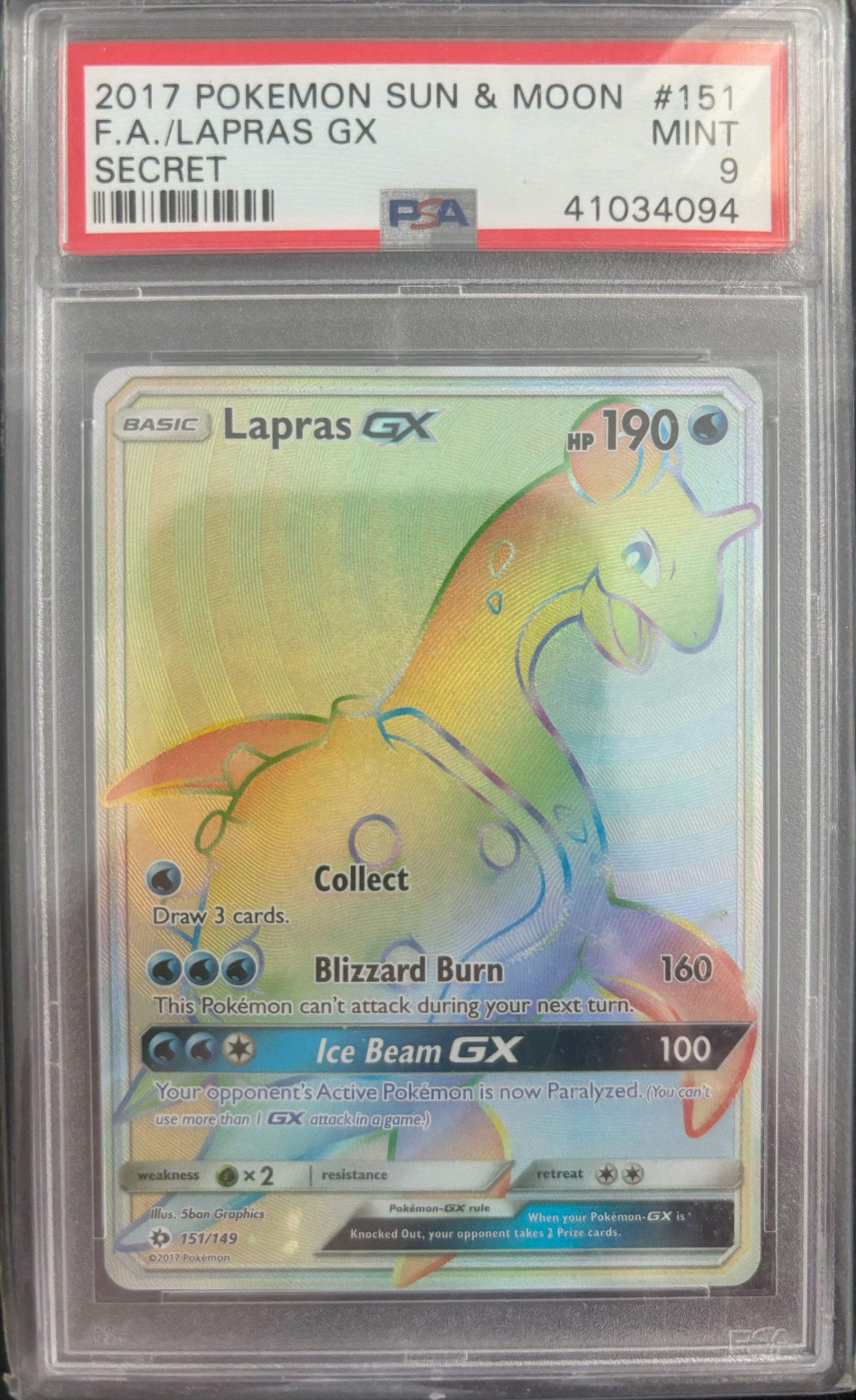 2017 POKEMON SUN & MOON #151 FA/LAPRAS GX SECRET PSA 9 Side Shuffle Pty Ltd 2017 POKEMON SUN & MOON #151 FA/LAPRAS GX SECRET PSA 9 Side Shuffle Pty Ltd